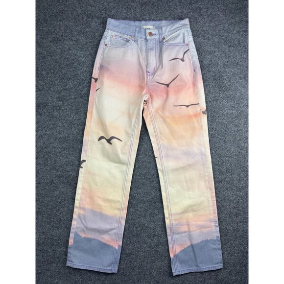 BDG Cowboy Jeans Women's 26 Purple Pink Denim Sunset Birds Print Straight Leg - Picture 1 of 9